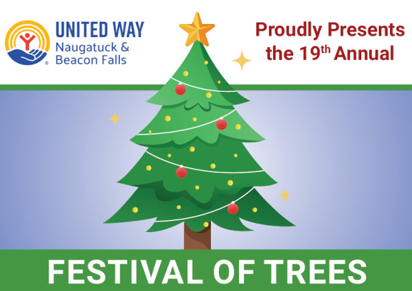 Illustration of a decorated Christmas tree with ornaments and a star on top, promoting the United Way of Naugatuck & Beacon Falls 19th Annual Festival of Trees.