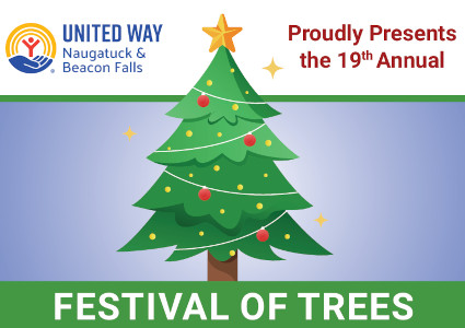 Illustration of a decorated Christmas tree with ornaments and a star on top, promoting the United Way of Naugatuck & Beacon Falls 19th Annual Festival of Trees.